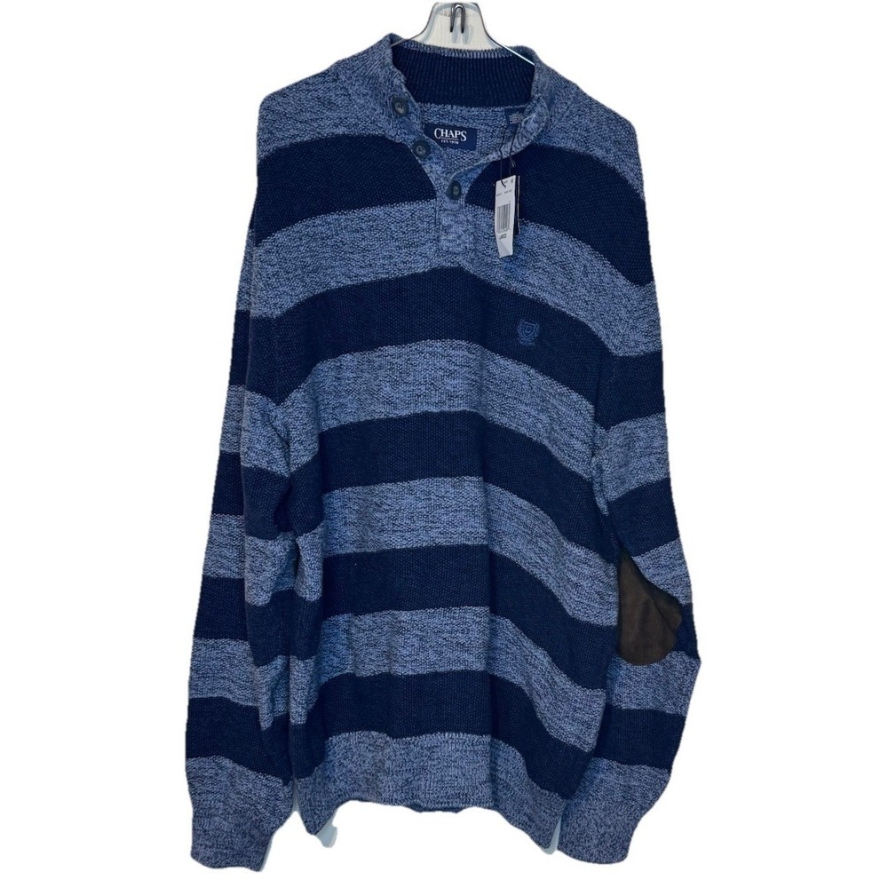 Chaps Men's Sweater Striped Elbow Patches Mock Neck Button Oversized Large NWT